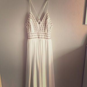 Lulus white long gown with gold beading